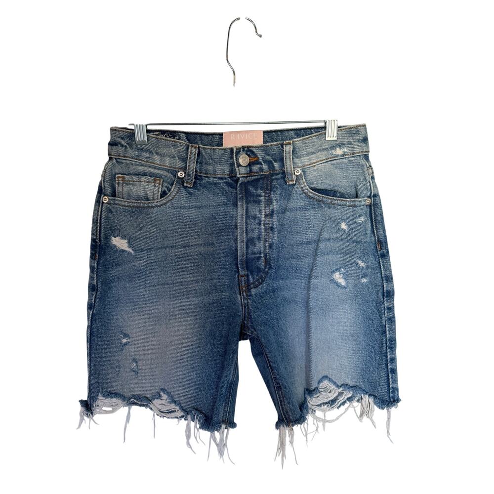 Revice Denim Jean Shorts Size 28 Button Fly Distressed Raw Hem 6” Inseam